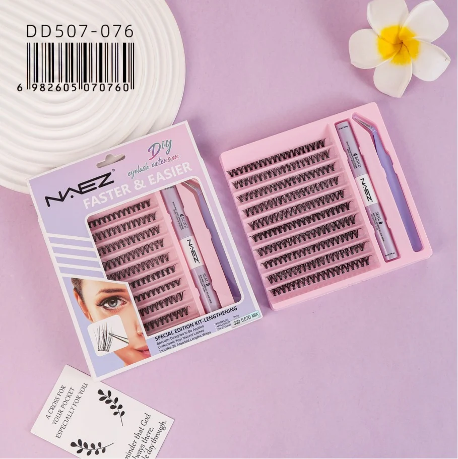 Kit de Pestanas Cluster Diy con Pegamento Removedor y Pinza 30d 0.07d Mix Naez