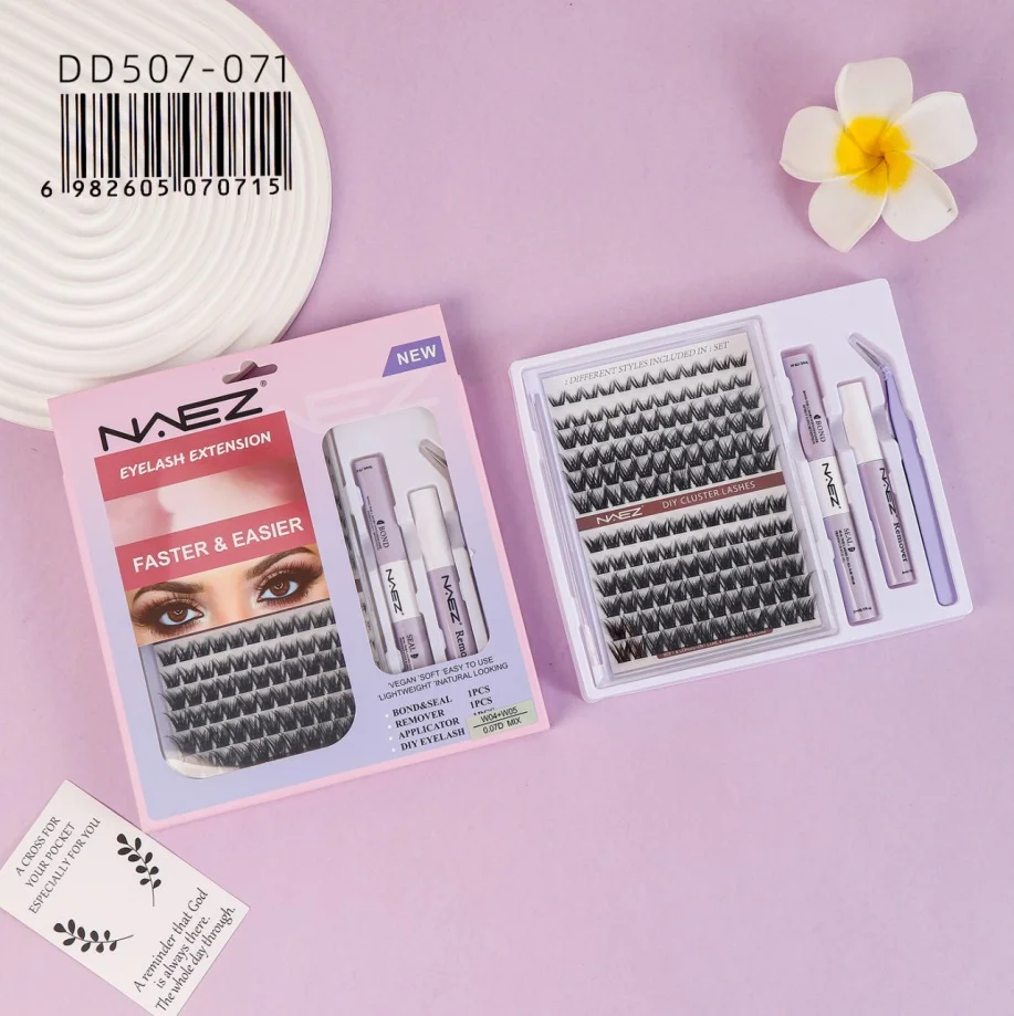 Kit de Pestanas Cluster Diy con Pegamento Removedor y Pinza W04+w05 0.07d Mix Naez