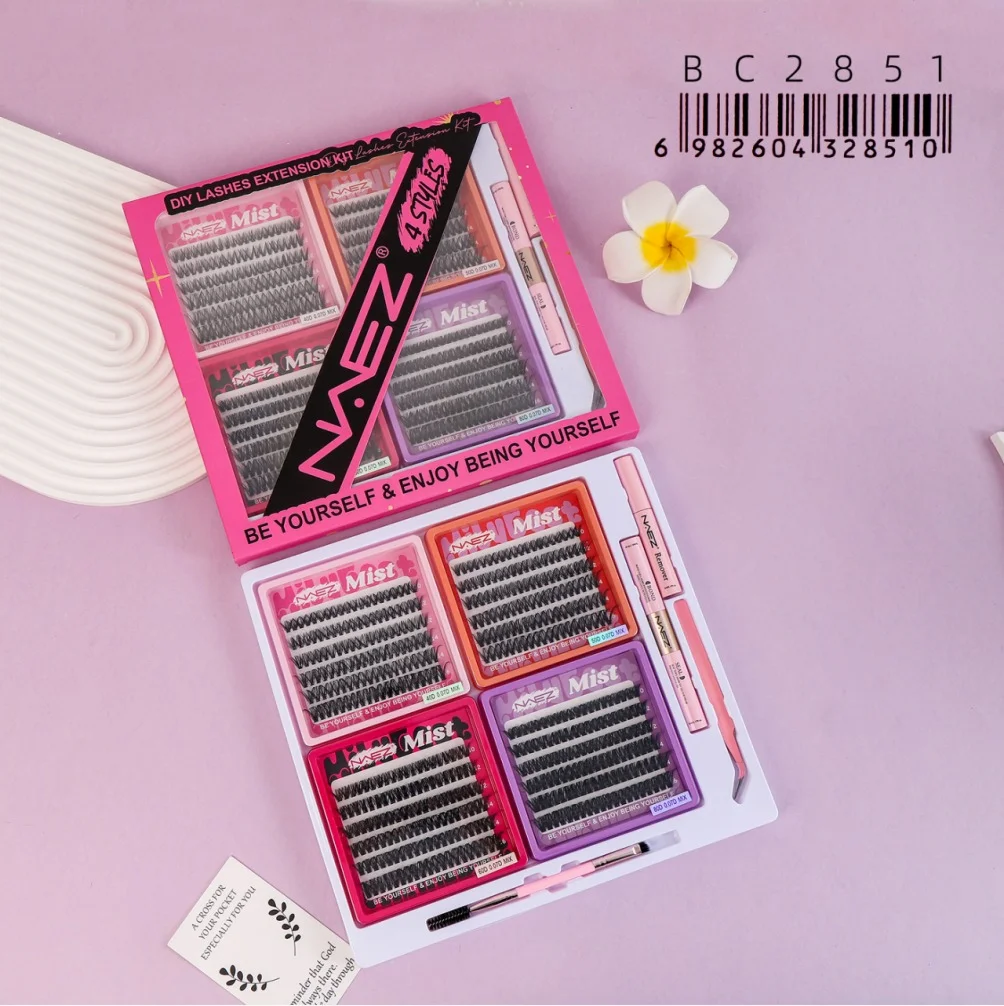 Kit de Pestanas Cluster Diy con Pegamento Removedor y Pinza 40d+50d+60d+80d 0.07d Mix Naez