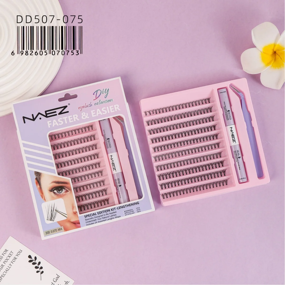 Kit de Pestanas Cluster Diy con Pegamento Removedor y Pinza 20d 0.07d Mix Naez
