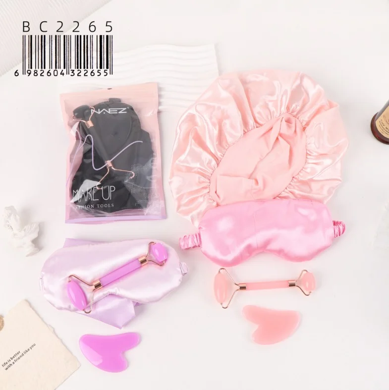 Set de Cuidado Facial y Descanzo Rodillo Gua Sha Antifaz Gorro Saten Naez