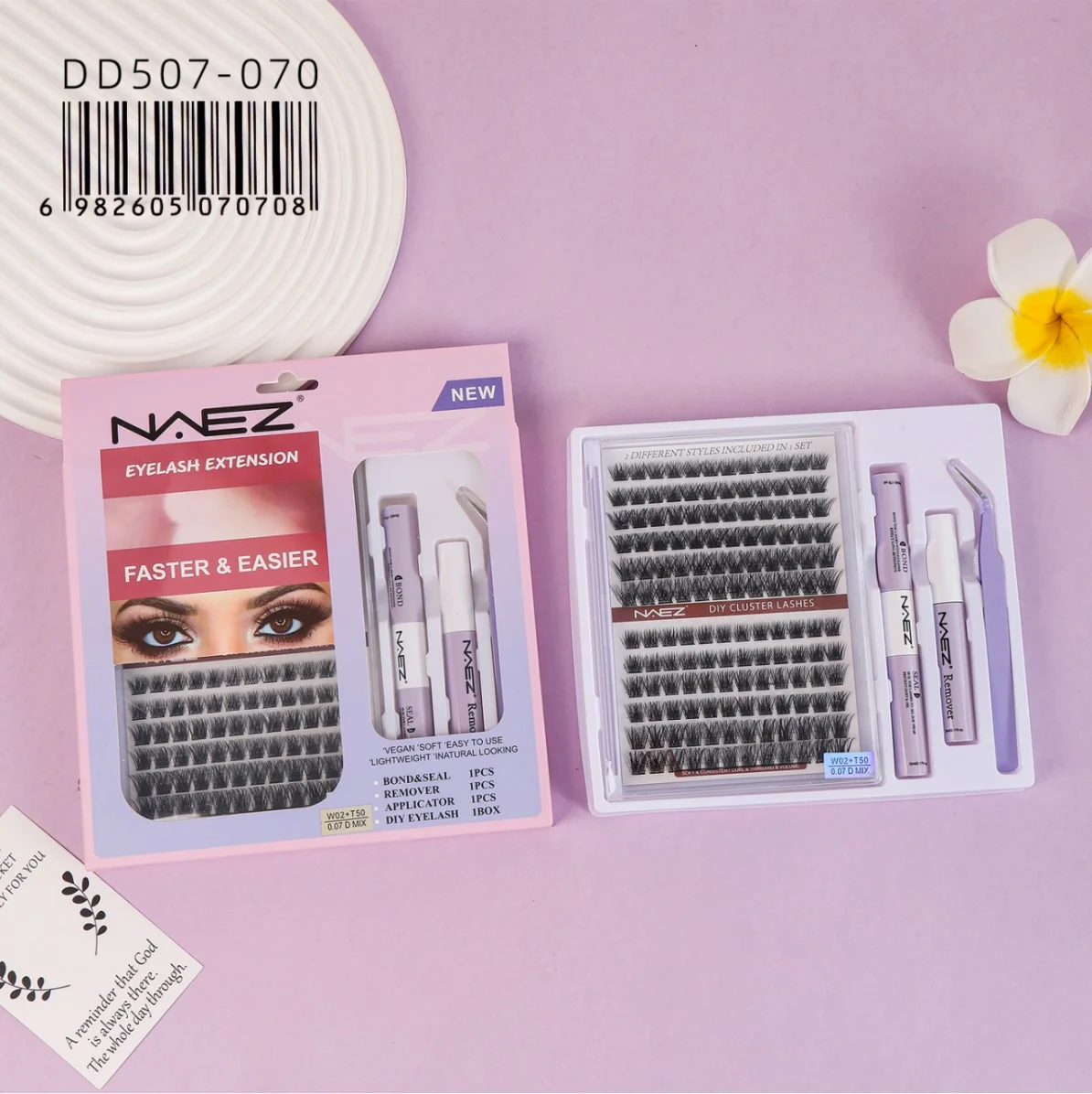 Kit de Pestanas Cluster Diy con Pegamento Removedor y Pinza W02+t50 0.07d Mix Naez\