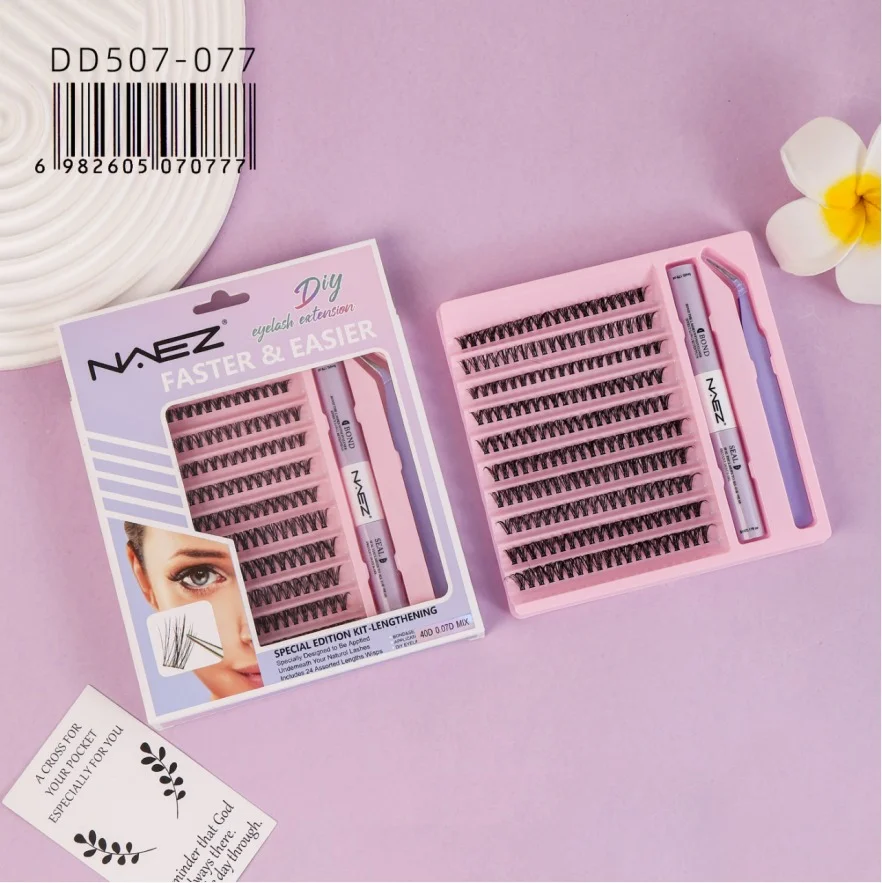 Kit de Pestanas Cluster Diy con Pegamento Removedor y Pinza 40d 0.07d Mix Naez